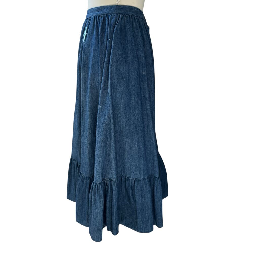 BIS Skirt Womens XS Blue Denim Ruffle Tier Prairie Full Midi Pockets Vintage 80s - Picture 3 of 12